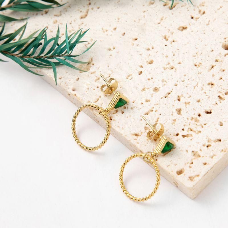 Triangular Emerald Stainless Steel Stainless Steel Stud Earrings Twist Circle Non-Fading Titanium Steel Earrings Women'S Fashion Versatile Ear Jewelry