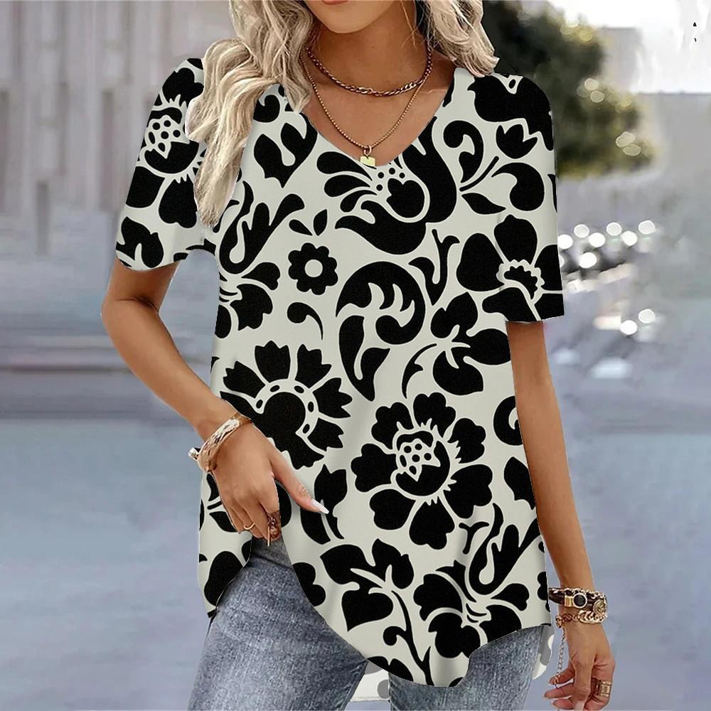 Letné V-výstrih Krátky rukáv Tričká 3D Kvetinová potlač Voľné Bežné Tričká Cool Denné Streetwear Blúzka Pre Dámy S-8XL