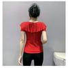 Summer Short Sleeved V Neck Women's T Shirt Elegant Slim Hot Drilling Ruffles Mesh Tees
