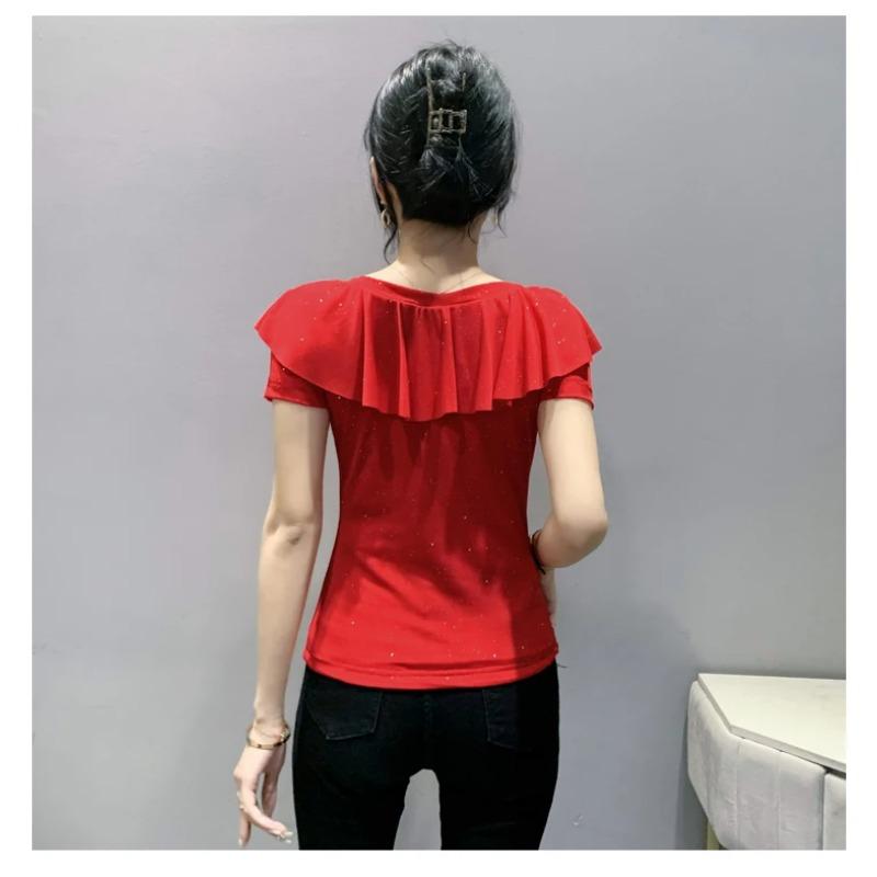 Summer Short Sleeved V Neck Women's T Shirt Elegant Slim Hot Drilling Ruffles Mesh Tees