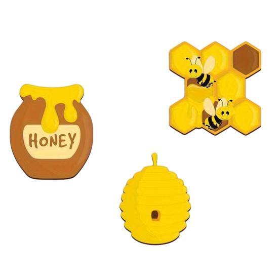 3 Pcs Rustic Wooden Bee Wall Art, Vintage Yellow Beehive Honeycomb Jar Wall Hanging Decor for Farmhouse, Wall, Patio, Fence, Indoor, Outdoor Decor 3pcs