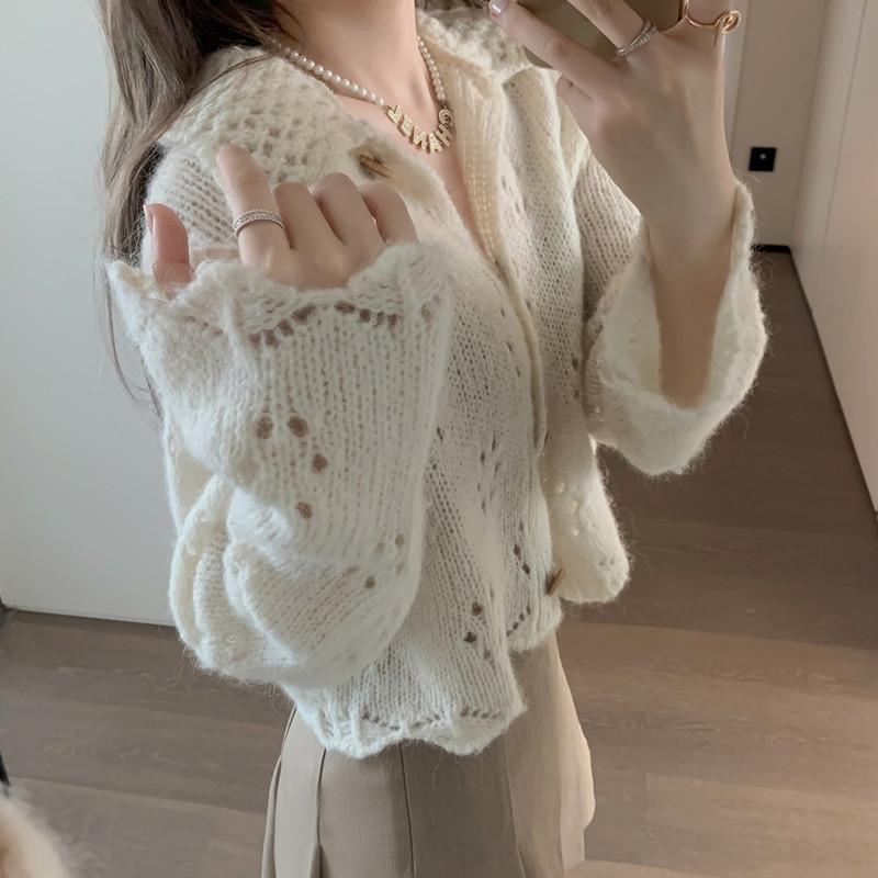 Fashion Elegant Sweet Knitted Cardigan Short Sweater Women Autumn Long Sleeve Loose Doll Collar Top Casual Korean Hollow Simple Knitwear Coat