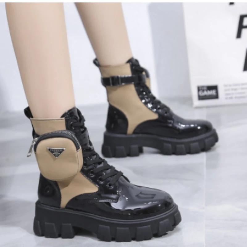 

New Boots Women Motorcycle Ankle Boots Wedges Female Lace Up Platforms Spring Black Leather Oxford Shoes Women Botas Mujer Bag 35