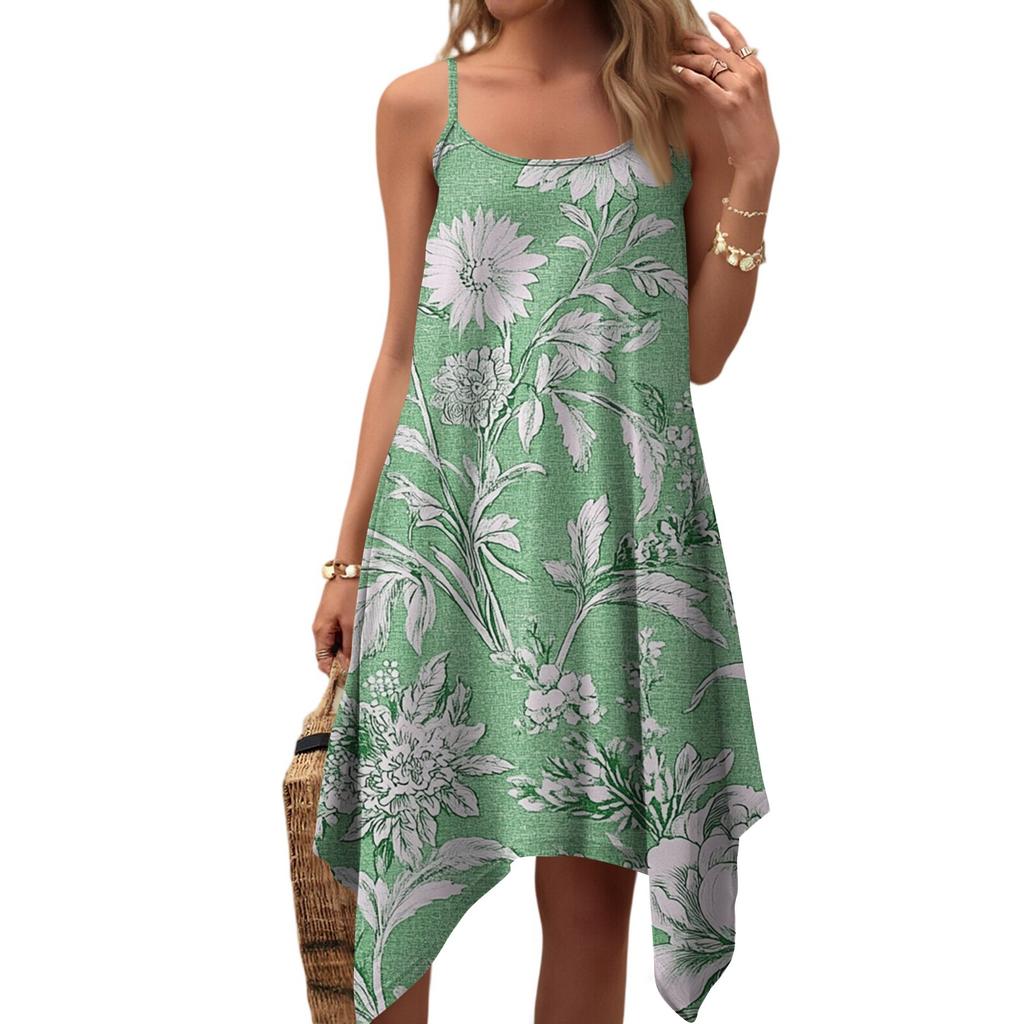 Women's Summer Casual Vintage Floral Print Round Neck Adjustable Suspender Dress With Pockets