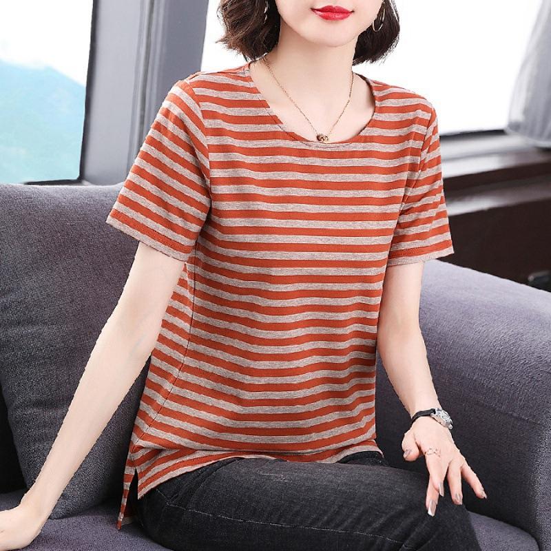

Новый летний стиль с разрезом сзади, длинной спереди, короткой полосатой круглой горловиной и коротким рукавом, женская рубашка большого размера для женщин 5XL