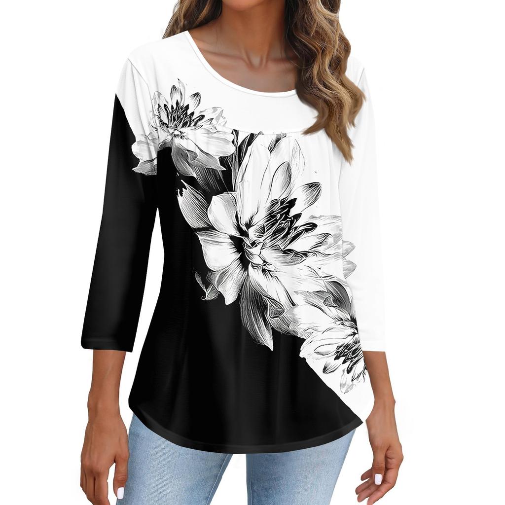 Women's Fashion Casual Three-quarter Sleeve Printed Round Neck Top