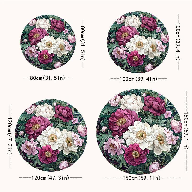 Vintage Peony Floral Round Rug Non-Slip Machine Washable Floor Mat 2D Flat Soft Area Rug for Bedroom Home Decor Gift
