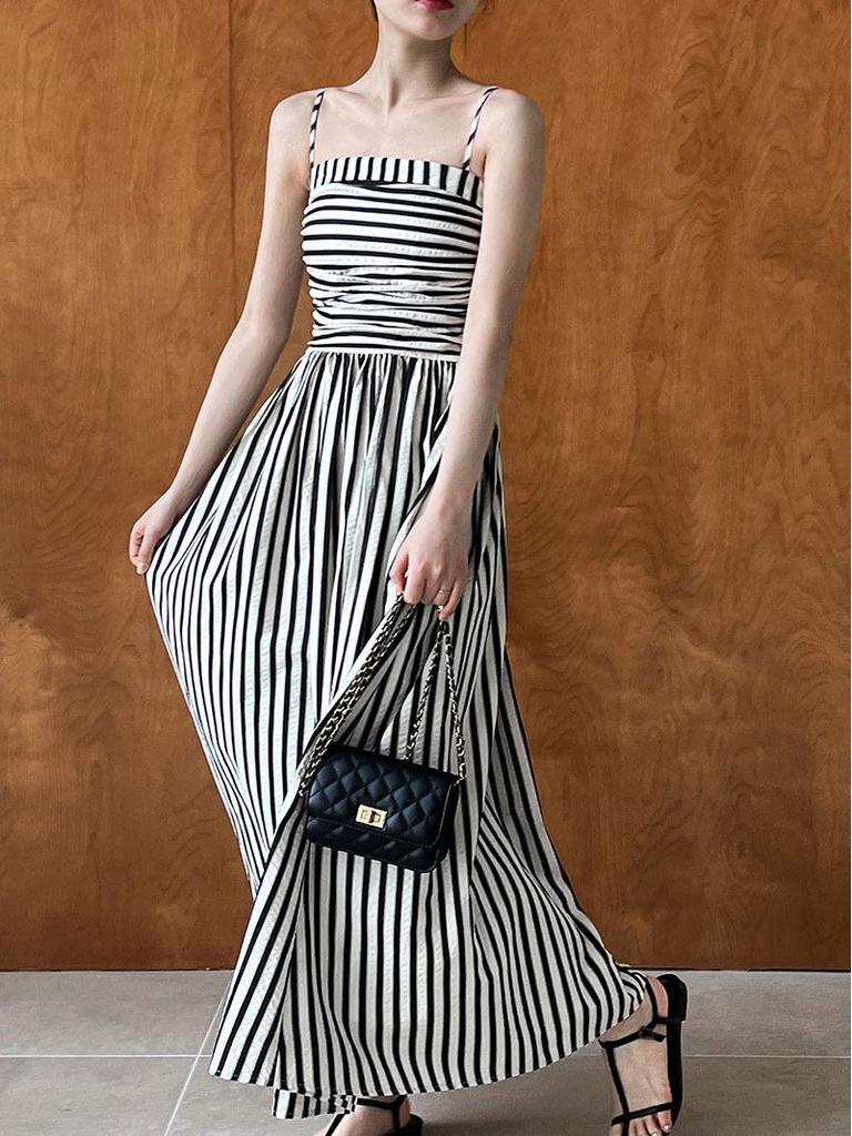 Luxi Off-Shoulder Striped A-Line Pleated Dress