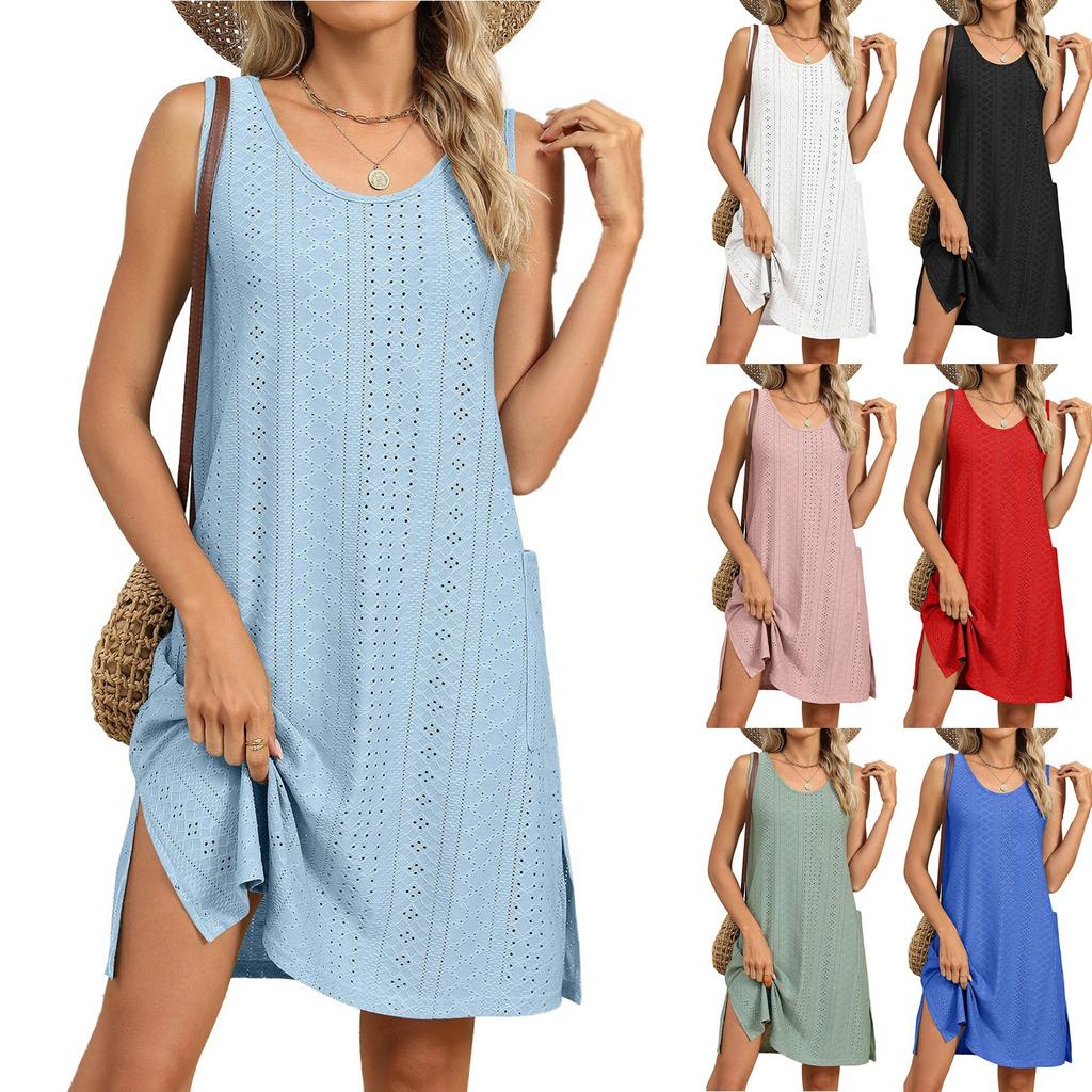 Damen Sommerkleid Locker Ärmellos Sonnenkleid Badeanzug Überwurf Strandurlaub Kleid mit Taschen