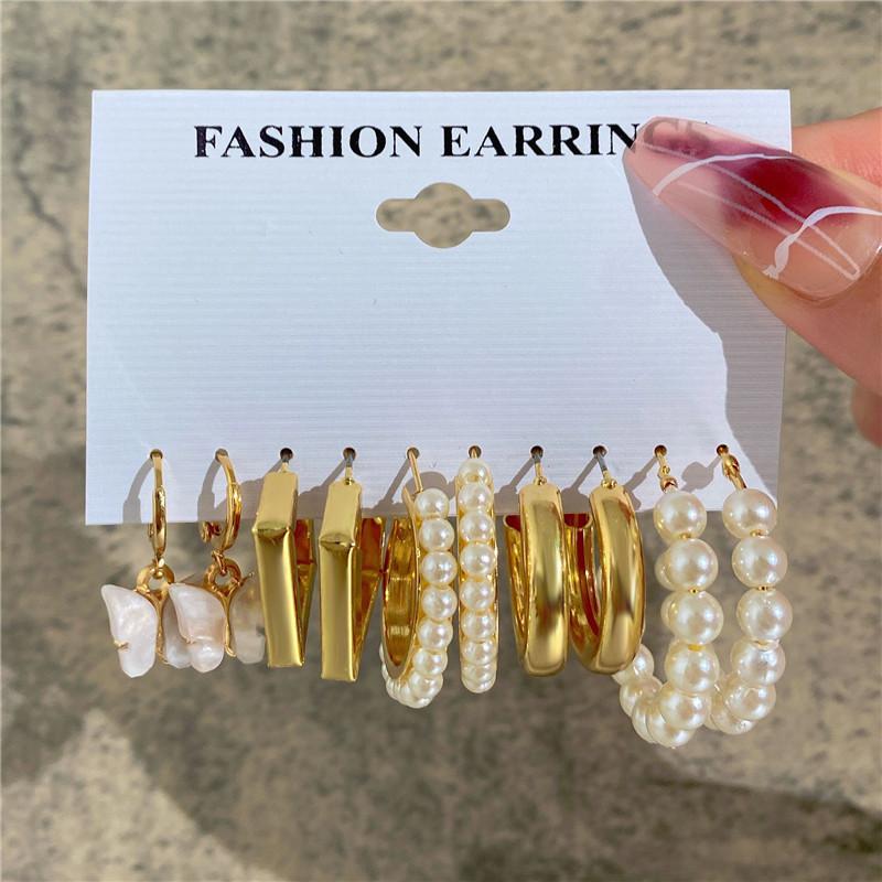 Modyle New Bohemian Female Pearl Earrings Set Punk Vintage Gold Color Geometric Drop Earrings for Women Fashion Jewelry