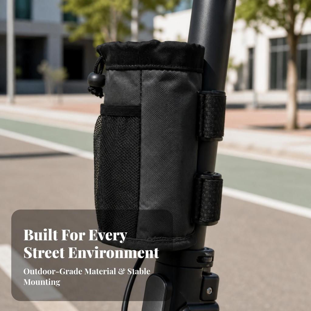 Scooter Handlebar Storage Bag Compact Cup Holder with Mesh Pocket