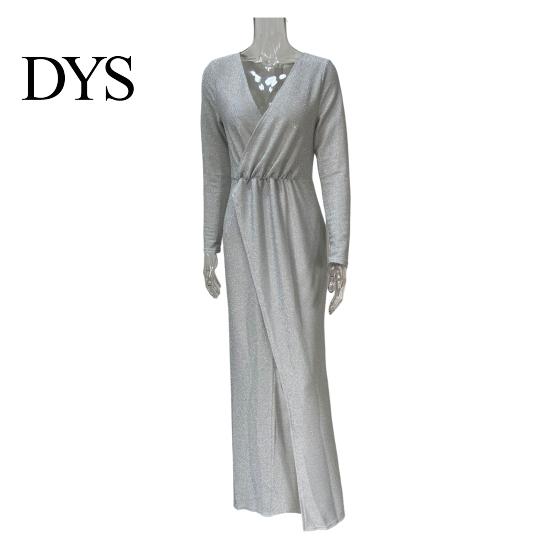 A-Linie Silhouette Cocktailkleid Damen Abend Deep V-Ausschnitt Pailletten-Dekor Lange Ärmel Elastische Taille Plissiert Hohe Absätze Kombinieren Geschlitzter Saum Uni