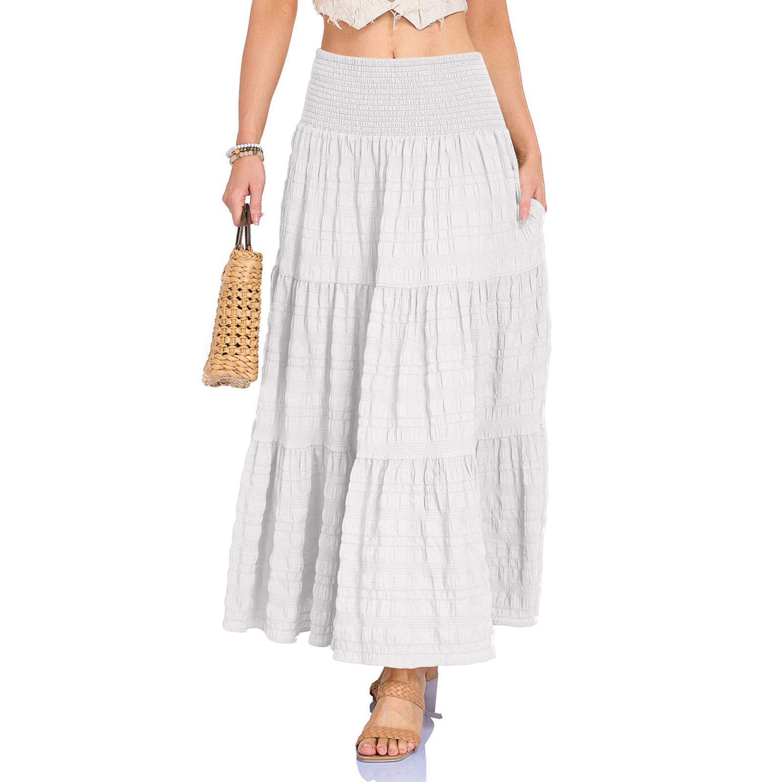 

Womens Maxi Skirt Summer Boho Flowy Tiered Casual Elastic High Waisted Swing A-line Long Skirts With Pockets S белый