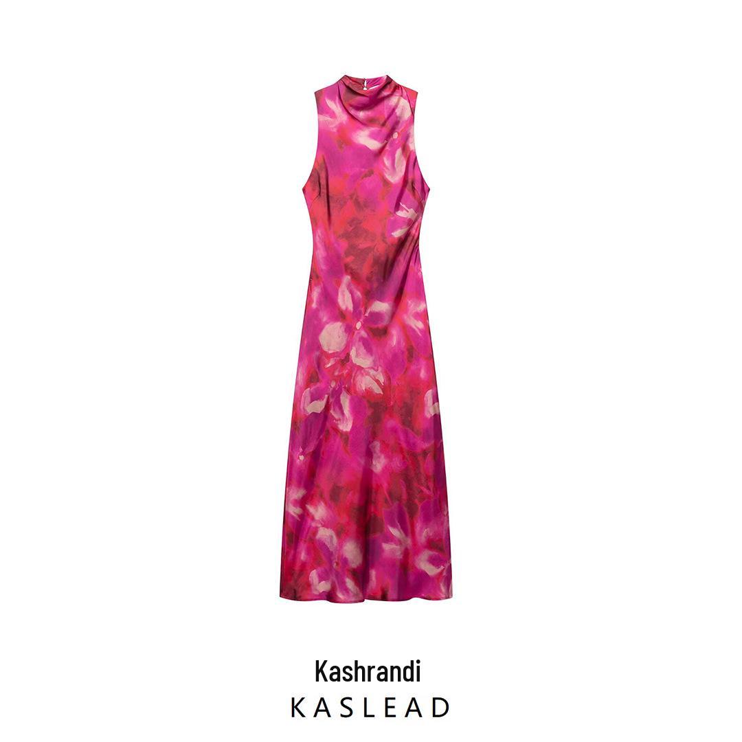 

2025 Spring Women s Slim Fit European Satin Print Midi Dress Extra Small