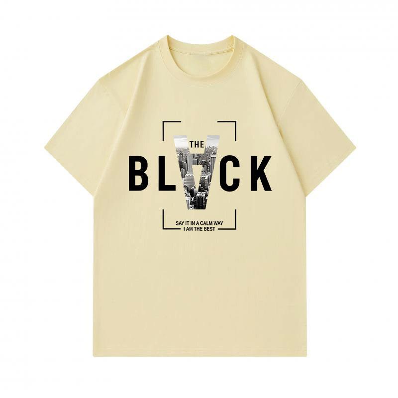 Men's 100% Cotton Crew Neck Short Sleeve T-shirt, Stylish City View V Letter BLVCK Graphic Print Casual Tee, Comfortable Daily Wear Top for Streetwear