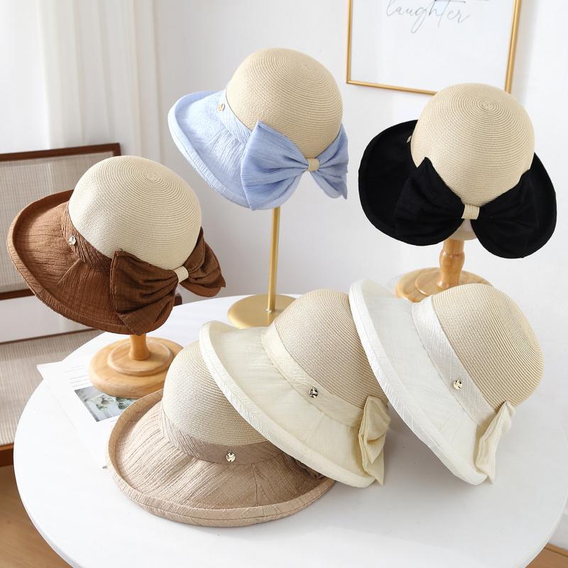 Women's Summer Wide Brim Bucket Hat Bow-Knot Patchwork Fisherman Style Beach Accessory