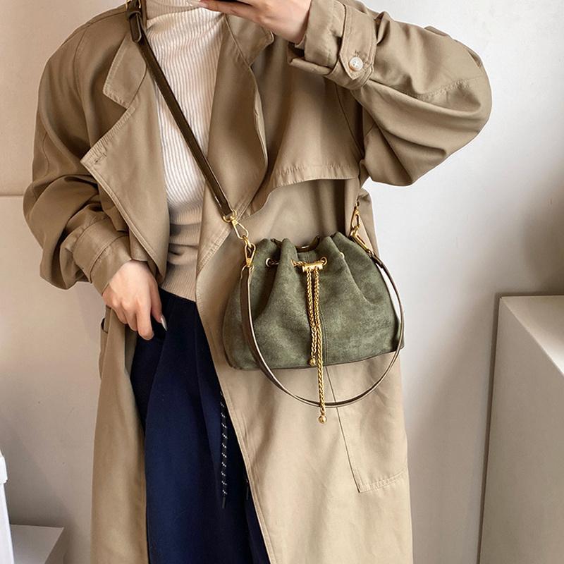 Yogodlns Faux Suede Shoulder Bag Simple Commuting Crossbody Bags Thread String Women's Handbags Sewing Sweet Bags for Women