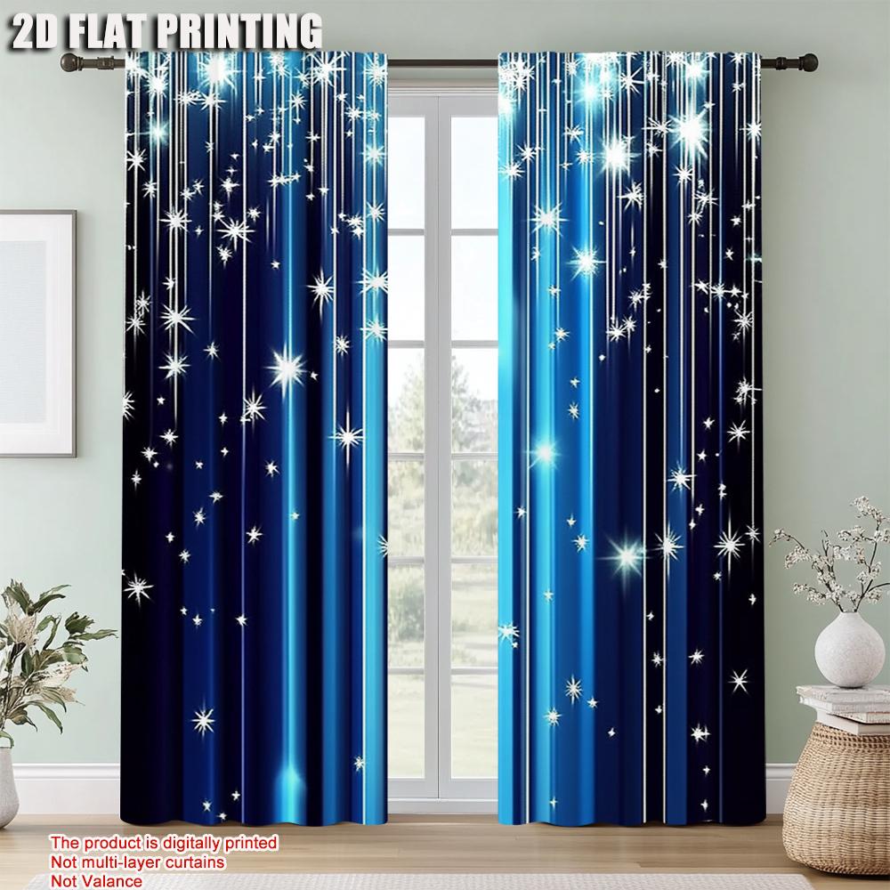 2Pcs Starry Night Sky Window Curtain Rod Pocket Polyester Drapes Blue Window Treatment For Bedroom Living Room Office