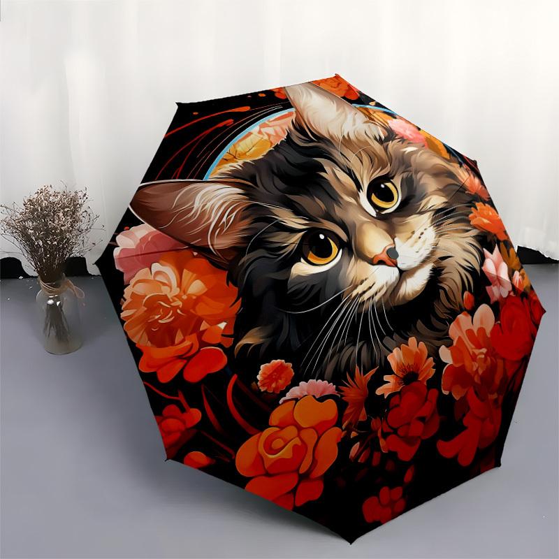 1pc Floral Cat Portrait Umbrella with Plastic Handle,Suitable for All Seasons Home Travel Outdoor UmbrellaDD201