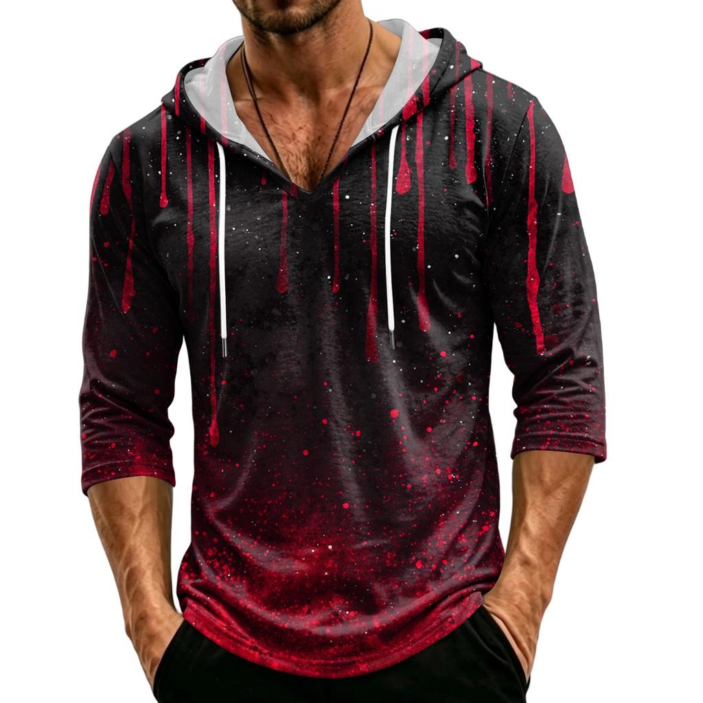 Men's Loose Fit Casual Hoodie 3/4 Sleeve Pullover Halloween Graphic Print Lightweight Hooded Shirt for Everyday Wear