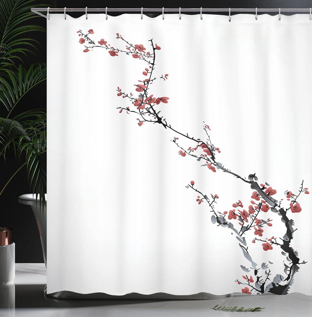 Watercolor Cherry Blossom Shower Curtain Classic Sakura Branch Art Bathroom Decor with Hooks 71x71in 118x71in