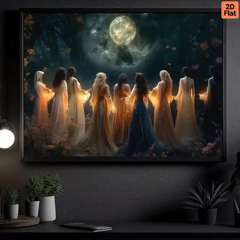 

2D Mystical Pagan Moon Ritual Canvas Print Witches in Enchanted Forest Wall Decor 47.2x31.5inch/120*80cm