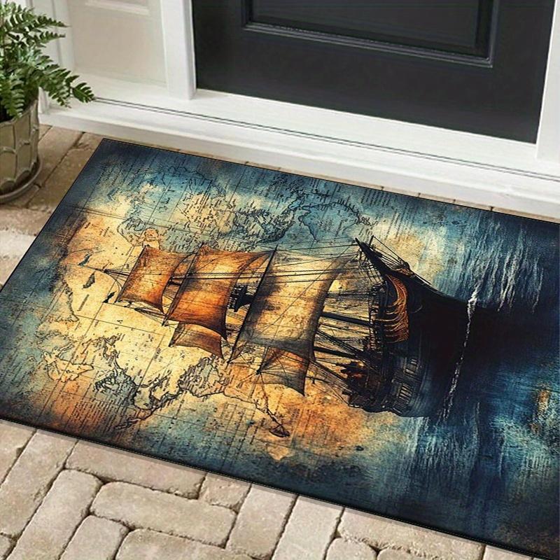 Sailing Ship Map Rug for Adventure Lovers -Vintage Maritime Design, Unique Floor Coverings for Study Rooms Skid resistant carpet