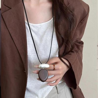 Necklace for Women Minimalist Matte Metal Block Adjustable Leather Rope Sweater Chain Jewelry Vintage Wooden Oval Pendant