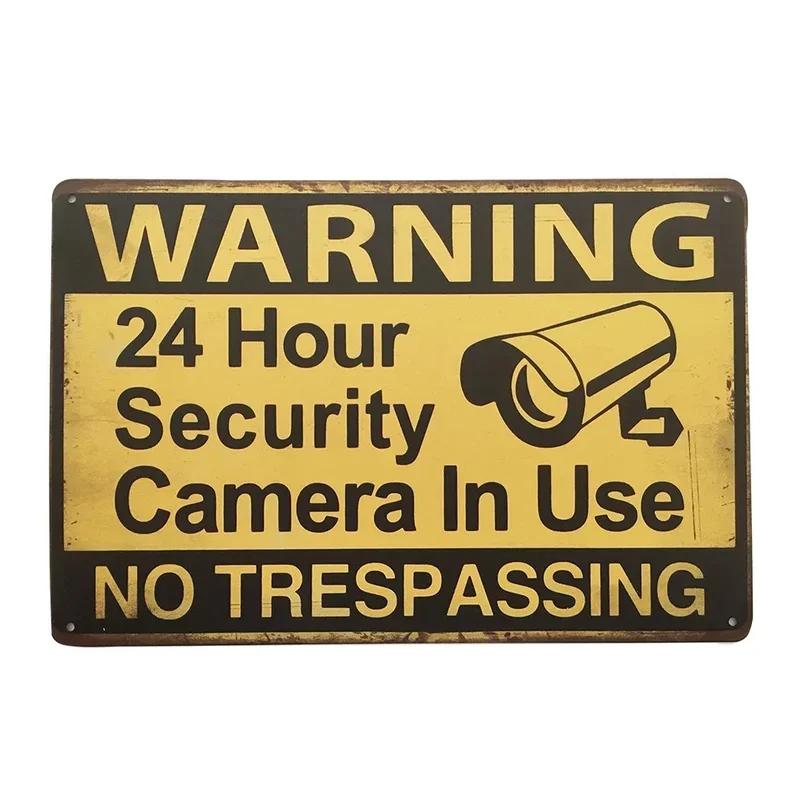 Hisun Tin Sign HD Tin Sign Bilingual Security Warning Wall Decor Retro French English Video Surveillance Metal Poster for Business Home