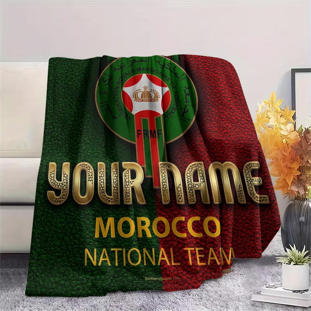 1PC Moroccan Football Crest Custom Name Patterned Flannel Blanket Suitable For All Seasons For Home Decor Warmth And Comfort Gifts Holiday Present