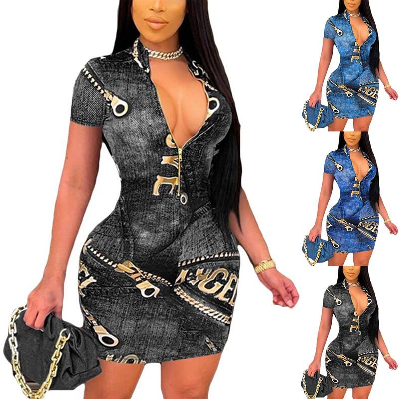 

Лето Женщины Мода Сексуальный V Вырез Молния Печать Slim Fit Короткий Рукав Платье