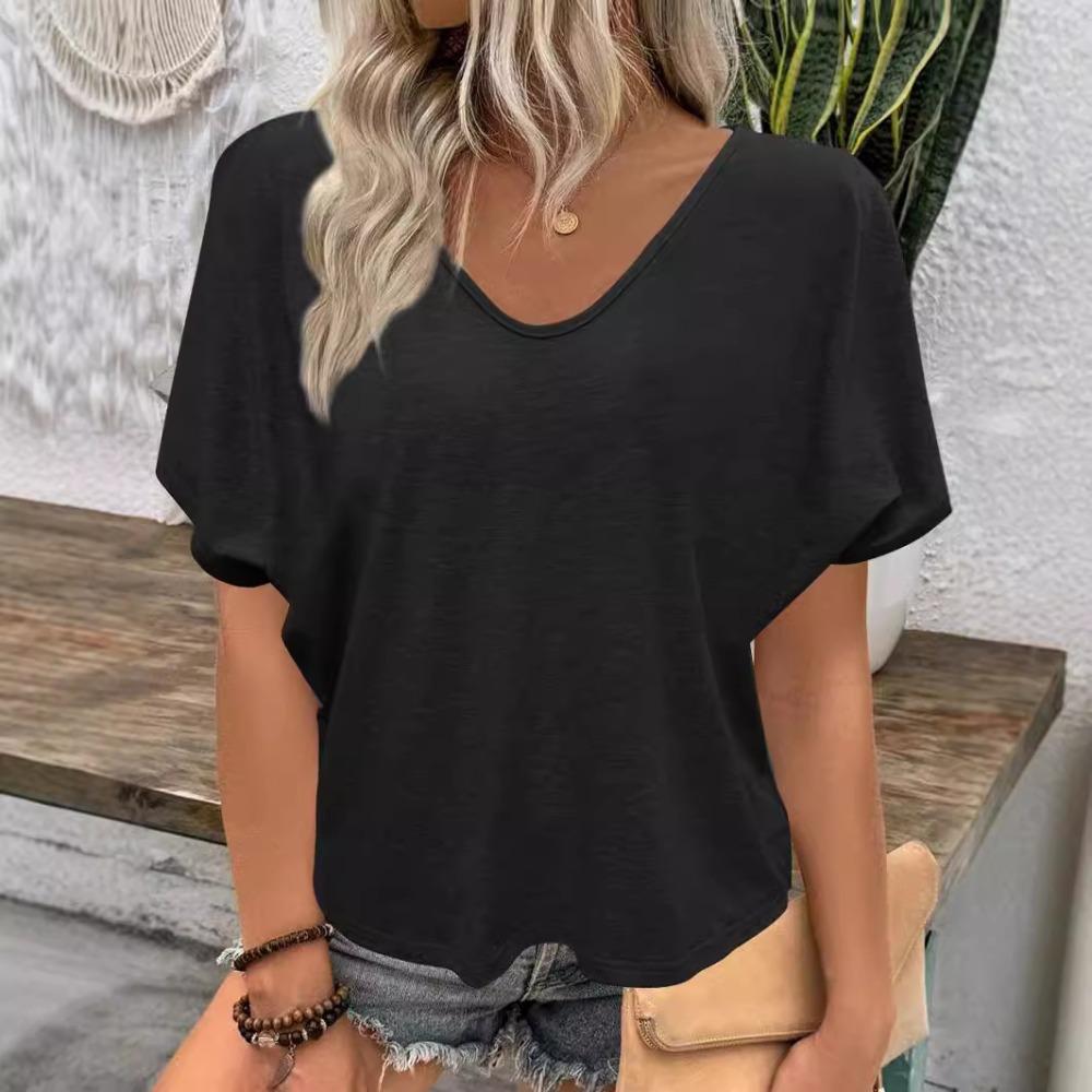 Camiseta feminina sólida com decote em V casual solta top plus size camiseta de manga curta