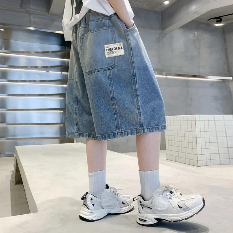 Summer Children Loose Casual Gradient Blue Jean Shorts for Teenager Boys Baggy Denim Shorts Kids Street Knee Length Pants