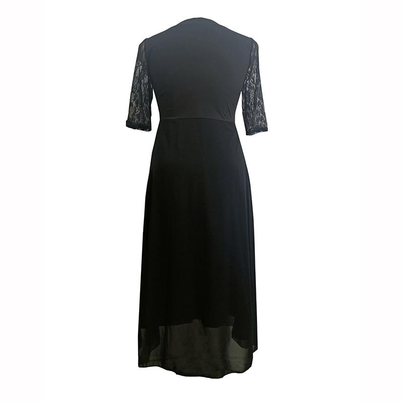 Damen Kleid Spitze Halbarm Sommer Frau Lange Kleider Frühling Casual Maxi Kleid Schwarz O-Ausschnitt Übergröße Kleider