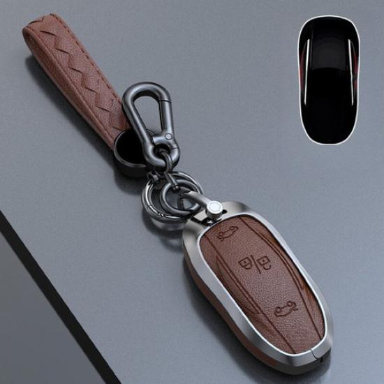 Zinc Alloy Leather Car Remote Key Fob Case Cover Bag For Tesla Model X 2016-2020
