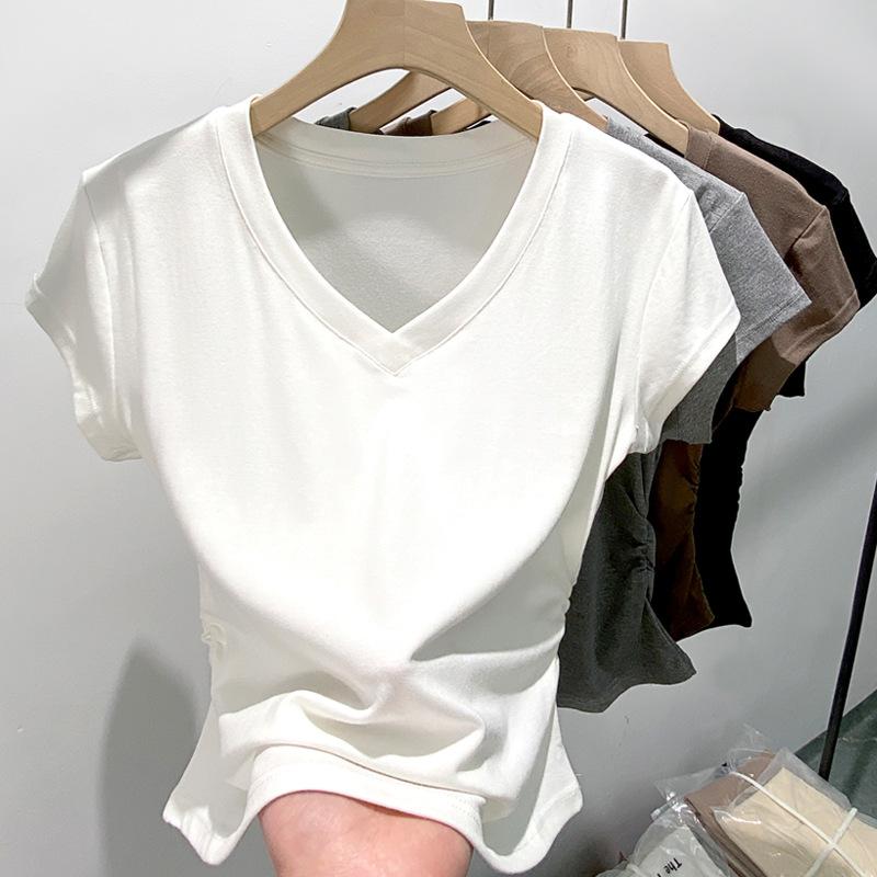 Ladies Summer V Neck Short Sleeve Solid Color Bodycon Casual Pullover T Shirt Top