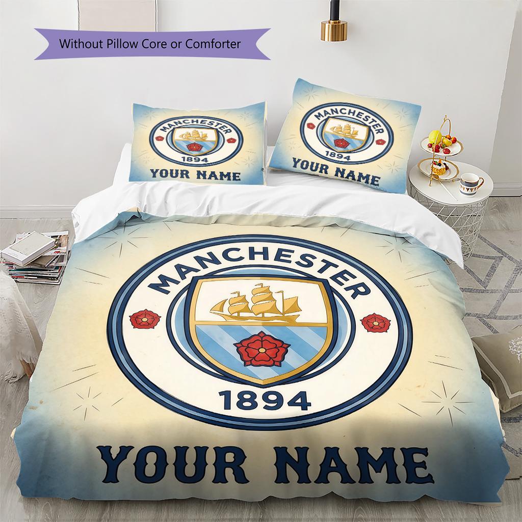 Custom Name Manchester City Pattern Bedding Quilt Set Home Decoration Gift (1 * duvet cover + 2 * pillowcase without core)