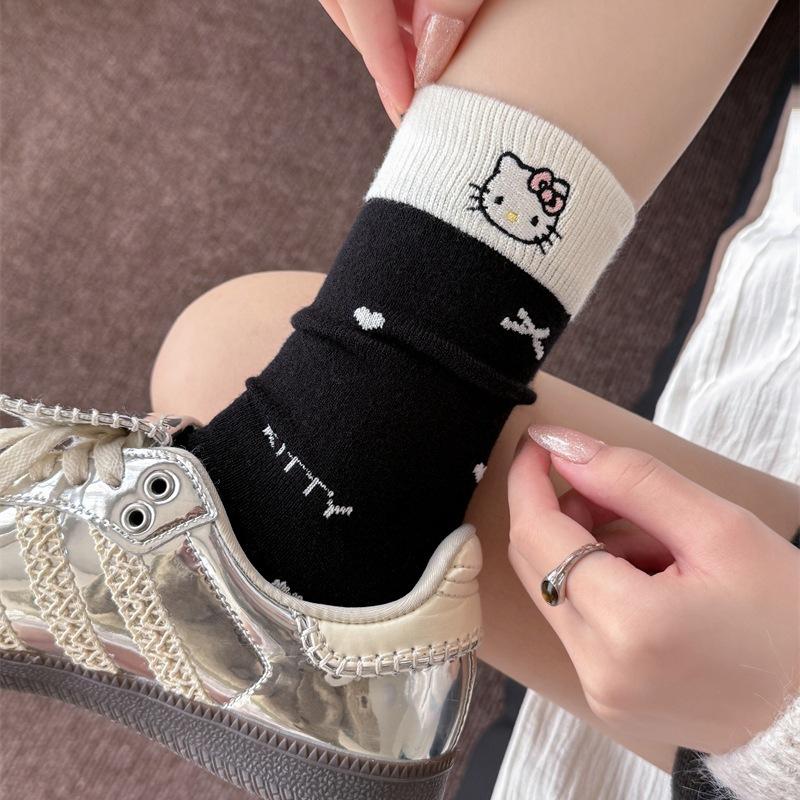 

Wool Cashmere Socks Girls Cute Cartoon Cat Embroidery Socks Bow Warm Lock Temperature Stack Socks One size fits all чорний