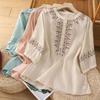 Women's Retro Cotton Five-Sleeve Ethnic Style Round Neck Top - Loose, Slimming Shirt for Spring/Summer