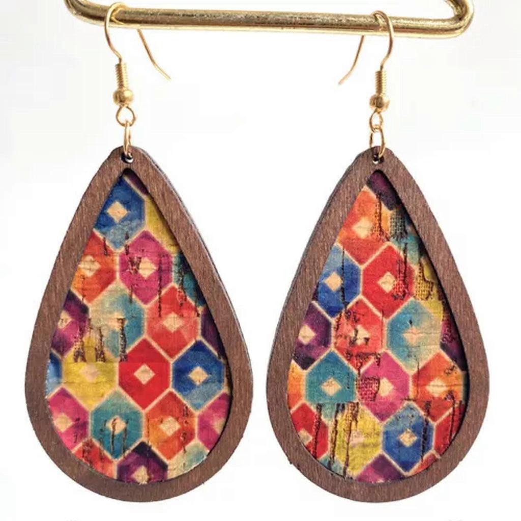 RSAMD Retro Vintage Print Cork Leather and Wood Teardrop Statement Women Earrings-#3