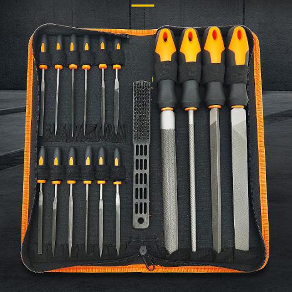 Metal Steel File 4 Pcs Large File 12 Pcs Needle Files 1 Multi-functional Brush Include Flat for Triangle Half-round Roun