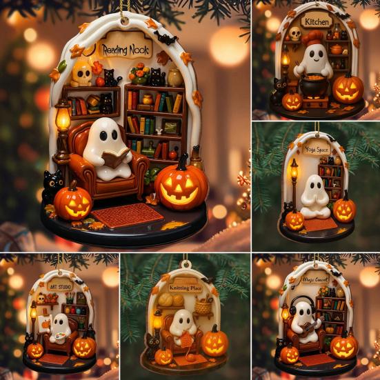 Halloween Ghost Ornament Acrylic Ghost-Themed Reading Cooking Painting Ornament Tree Hanging Decoration for Indoor Home Decor