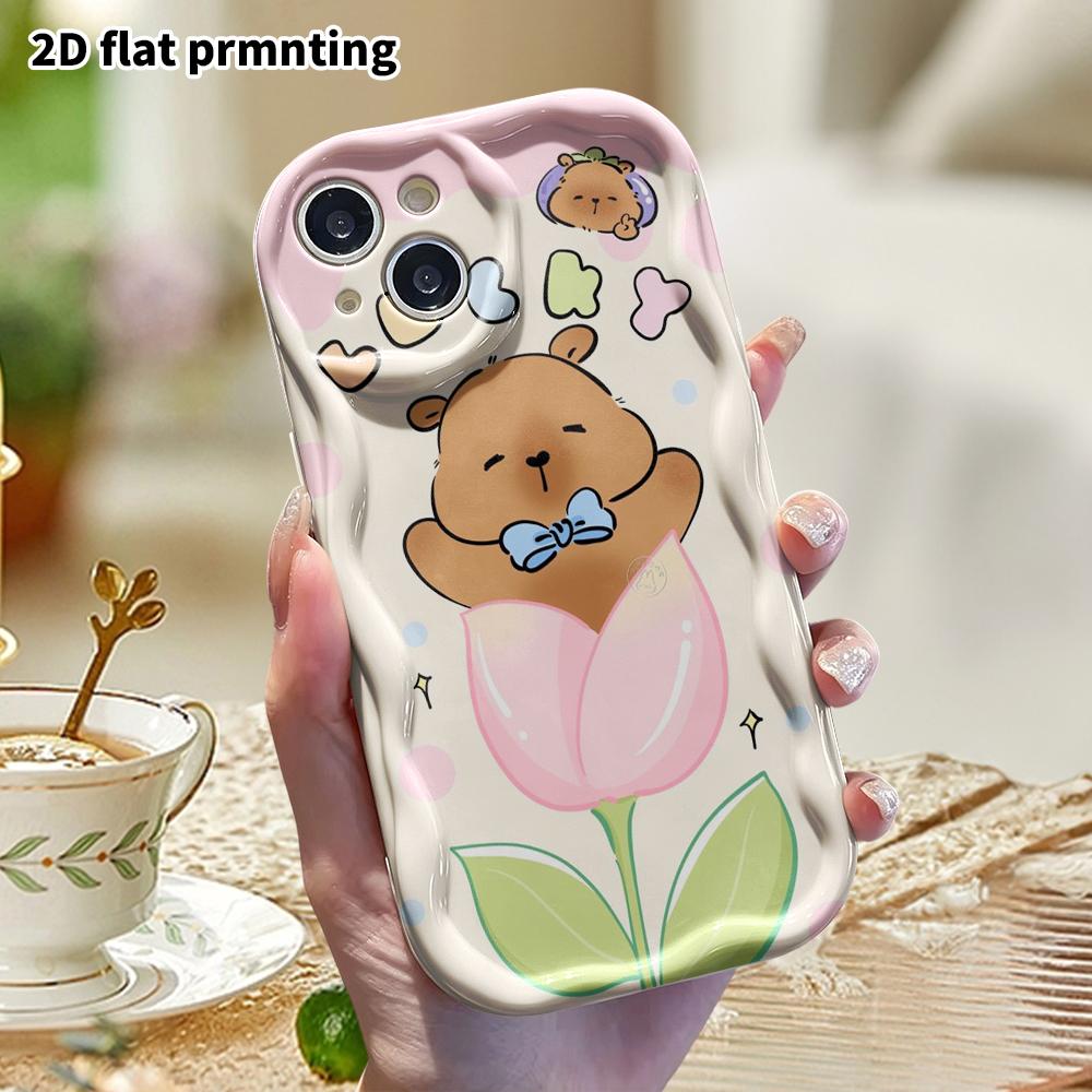 Phone Case: 2D Flat Design Suitable for iPhone 18 17 16 15 14 13 Pro Protective Case, Tulip Capybara, Perfect Christmas and Halloween Holiday Gift