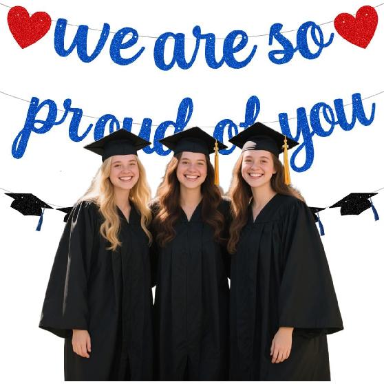 Pre-Strung We Are So Proud of You Banner Garland for Veterans Day Congratulation Graduation Party, NO DIY Black and Blue Glittery Letter Hat Sign for