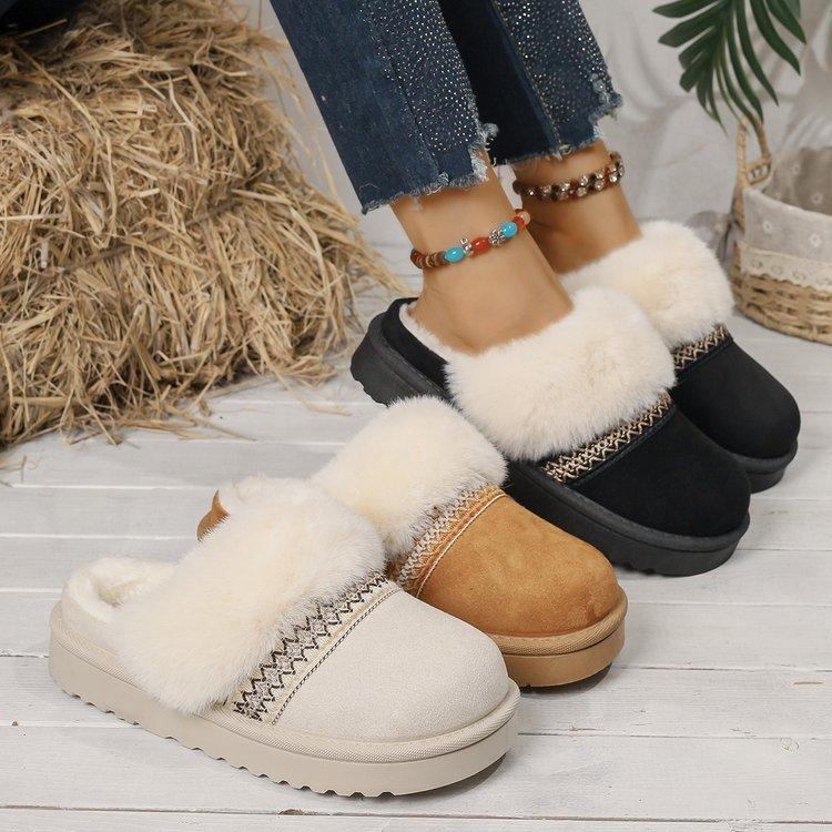 2025 New Snow Boots Women's Winter Fur Integrated Wool Mouth Velvet Thick Bottom Warm Outer Wear Bag Head Half Slippers