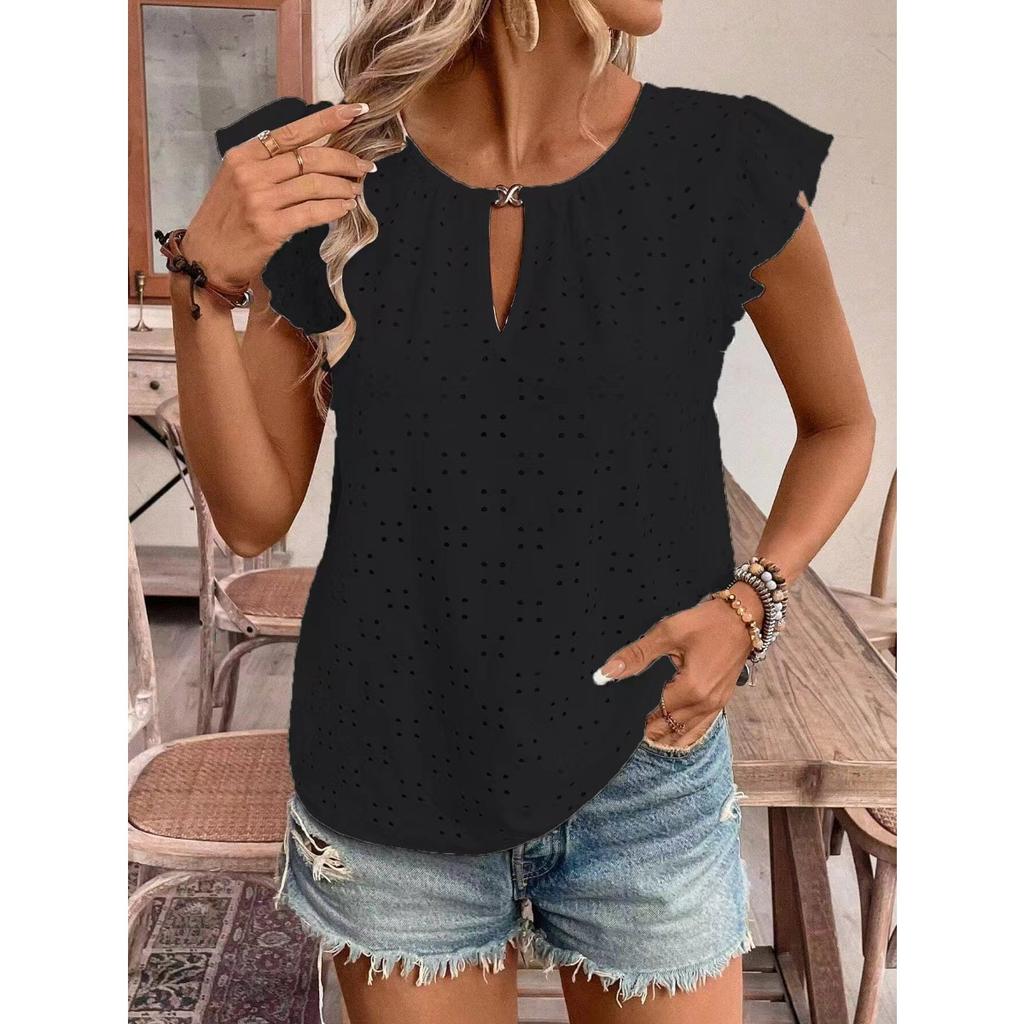 Jacquard V-Neck Push-Up Sleeve Short Sleeve T-Shirt Top,Women's