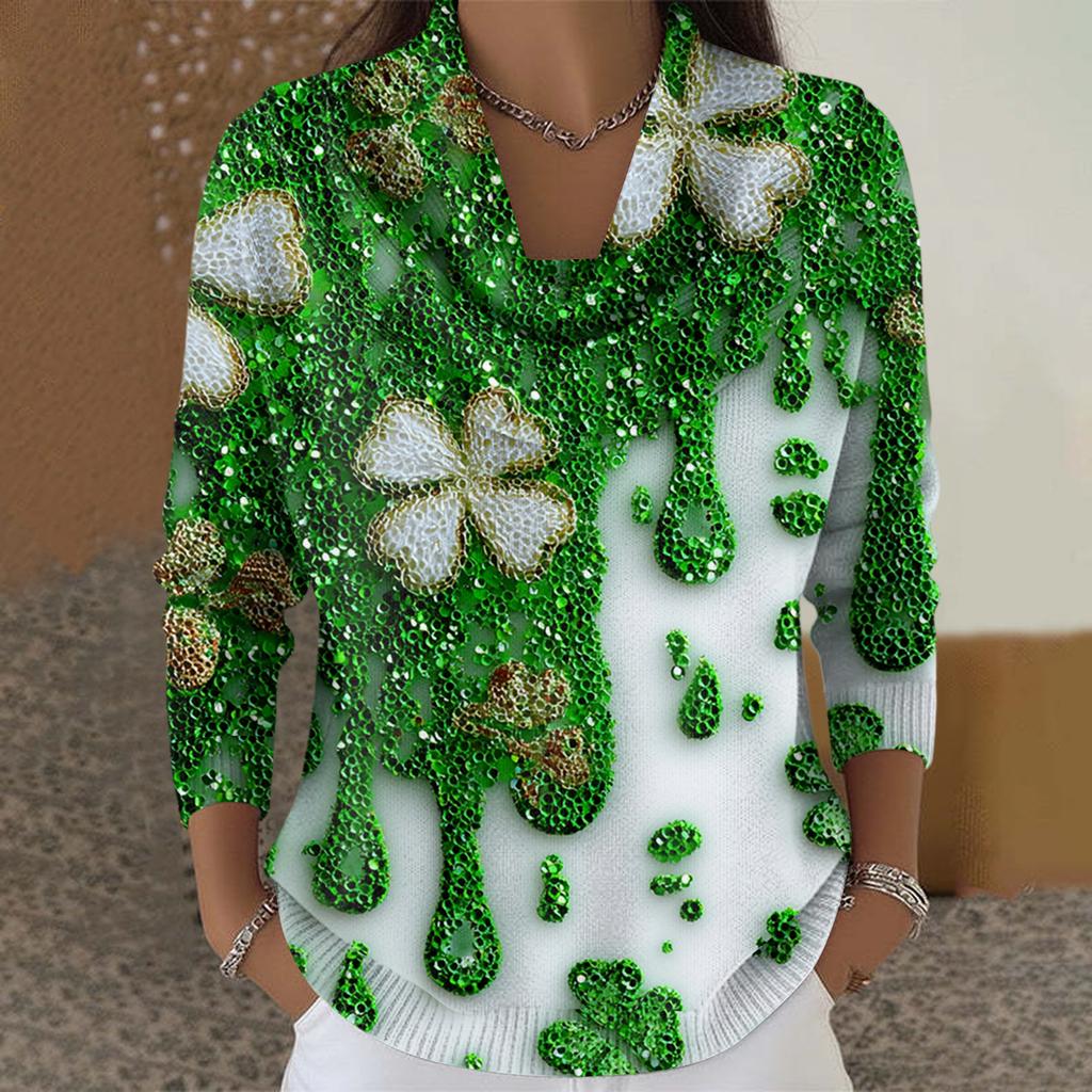 Dámský ležérní a módní svetr s dlouhým rukávem a potiskem, kulatým výstřihem