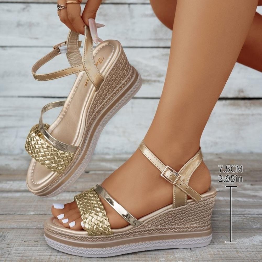 Fashion Women's Large Size Sandals 36-43 New Round Head Woven Buckle Strap Slope Heel High Heels Thick Bottom Fashion Commuter Shoes