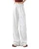 LUJPOIR Cargo Long Pants with Elastic Waist and Adjustable Relaxed Loose Solid Color White Size M Women's Pants, Drawstring, Fit, Casual, Fit, Spring,