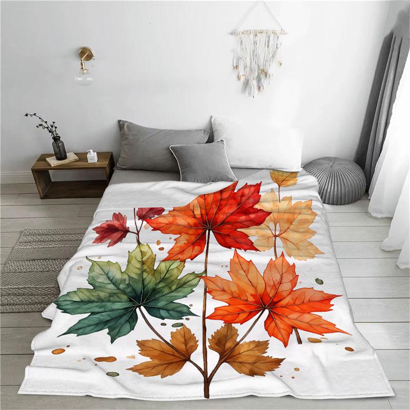 Autumn Leaves Pattern Flannel Throw Blanket White Color Maple Leaf Print Warm Blanket For Living Room Sofa Bed Decor All Season